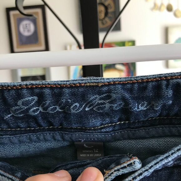 EDDIE BAUER size 12 Blue Stretch Denim OOAK Artisan Pieced Jersey Upcycled Skirt - Picture 6 of 6